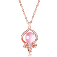 fyjs unique rose gold color leaf oval rose pink quartz pendant with cubic zirconia necklace link chain jewelry