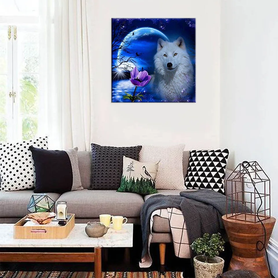 Полноразмерная 5D картина из страз сделай сам вышивка крестиком Луна и волк 3D