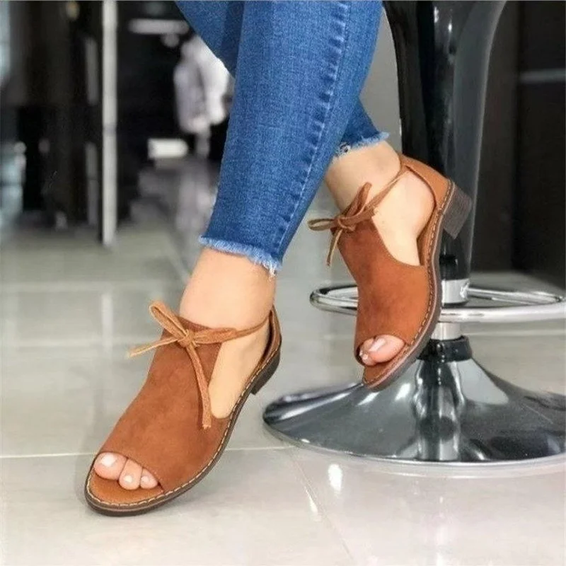 

2021 Summer New Women's Shoes Fashion Casual Solid Color Imitation Suede Bow Tie Round Toe Low Heel Comfortable Sexy Sandals