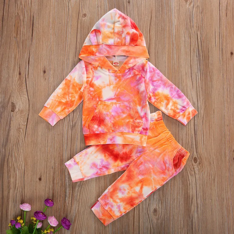 Infant Spring Autumn Sets 2 Pieces Baby Girl Boy Suit Set Tie-Dye Velvet Long Sleeve Hooded Top and Trousers Green/Orange/Blue | Детская
