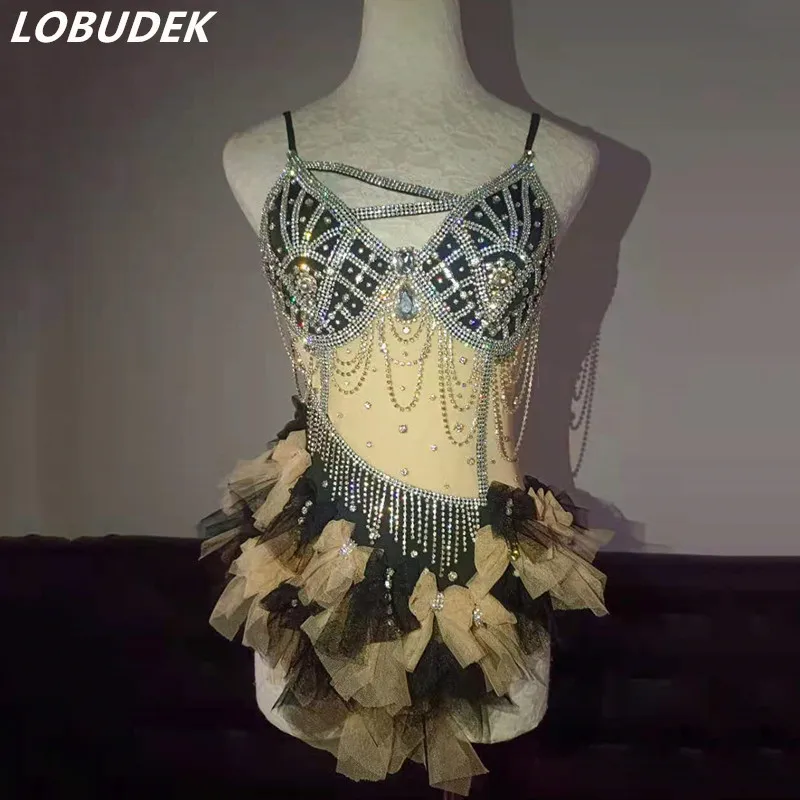 

Shinny Chain Rhinestones Bow Bodysuit Lady Dancer Sexy Diamond Elastic Leotard Stage Bar Nightclub DJ Singer Performance Costume