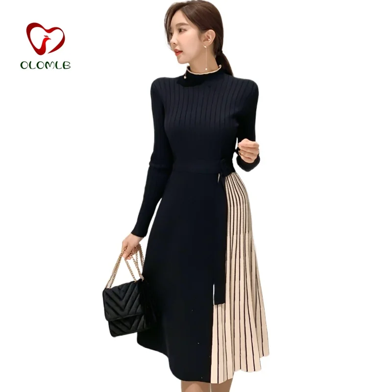 

New Autumn Winter Women Fashion Stitching Stripe Pleated Sweater Dresses Elegant Long Sleeve OL Midi Knitted Runway Vestidos