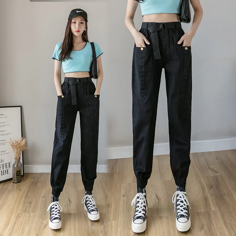 

Fashion women's trousers 2020 spring and autumn fashion women's solid color high waist loose harem pants casual overalls streetw