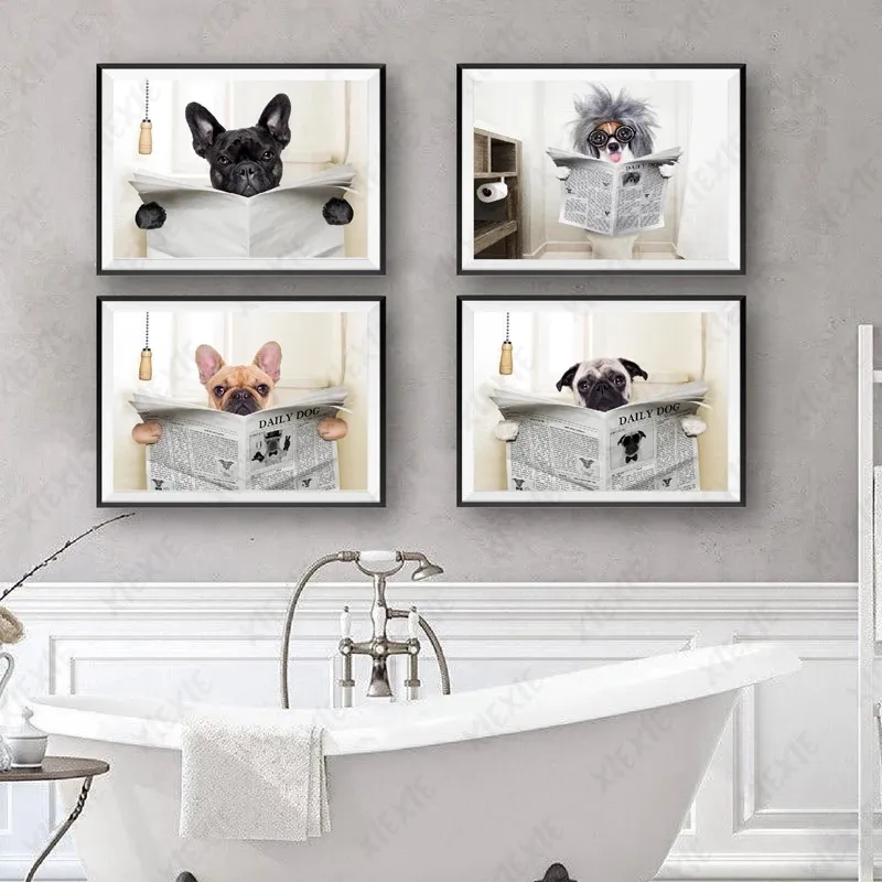 

Dogs Reading Newspaper Canvas Painting Toilet Fun Wearing Glasses Posters Wall Art Picture Decoration Home Bathroom