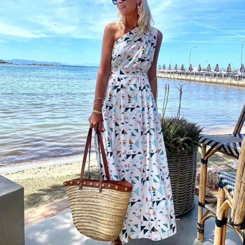 

Summer Lady Elegant Oblique Shoulder Boho Long Dress Women Sexy Off Shoulder Sleeveless Print Party Dresses Casual Beach Dress