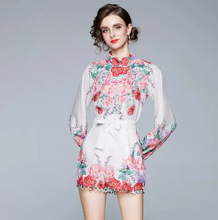 

Women's spring summer thin long sleeve print shirt female high waist casual shorts girls summer 2 pieces set TB718