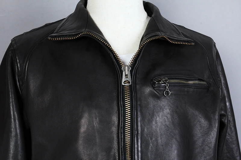 

2021 Fashion Genuine Leather Men Turn-down Collar Sheepskin Motorcycle Biker Jacket Black Loose Casual Coat