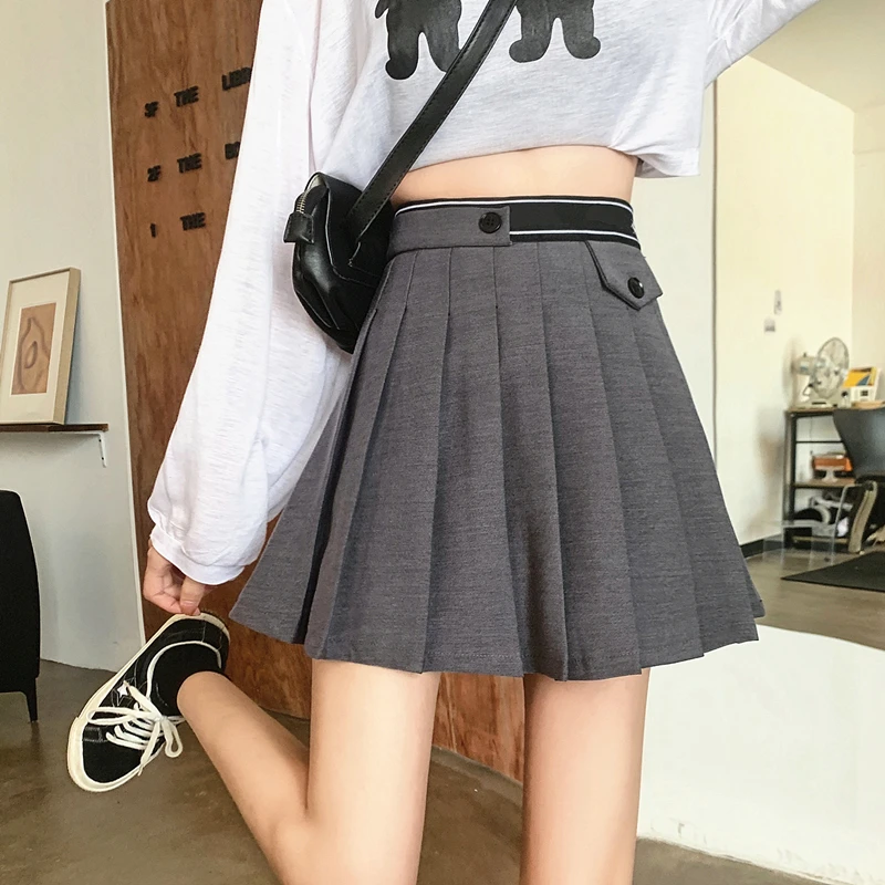 

Pleated Skirt Autumn High Waist Pleated Mini Skirt Women's Fashion Slim Waist High Street Gray Solid Hot Skirts 2020 New