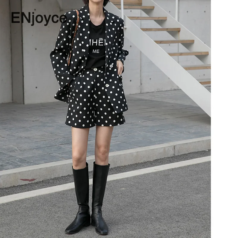 2020 Spring Summer Vintage Polka Dot Printed Blazer Shorts Women Casual Wide Leg Female Blazers Elegant Office Ladies Set | Женская
