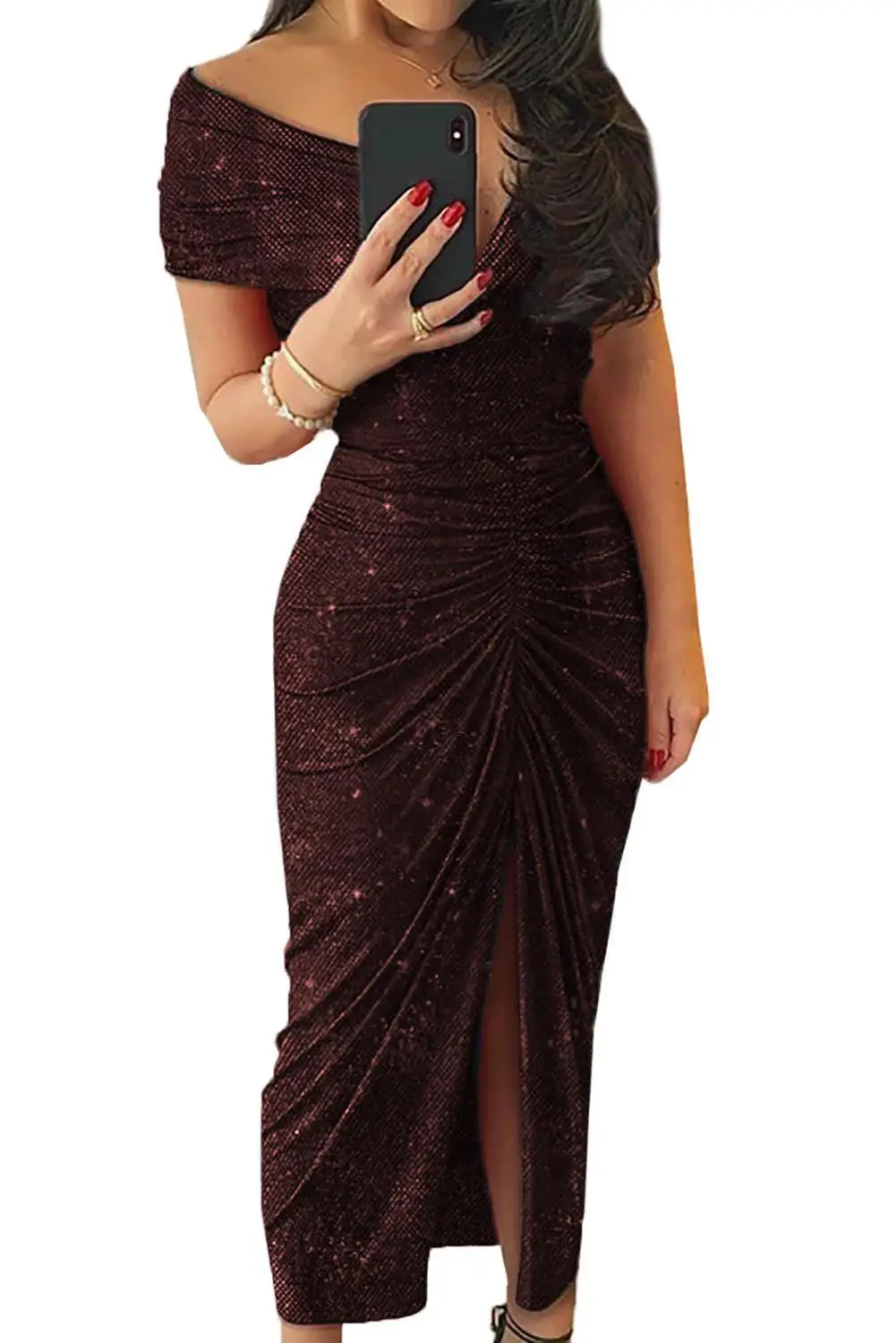 Женское блестящее платье макси размера плюс с v-образным вырезом открытыми