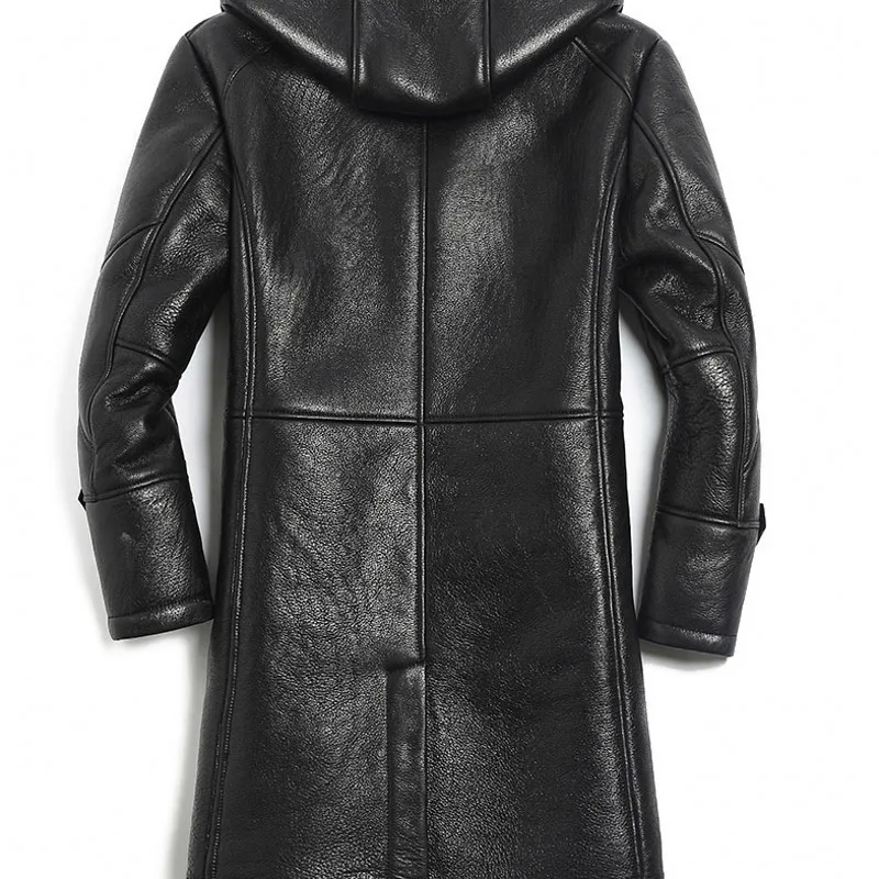 

Autumn Winter Fashion Mens Natural Sheepskin Coat Long Slim Casual Biker Jacket Hooded Pockets Genuine Leather Jacket Streetwear