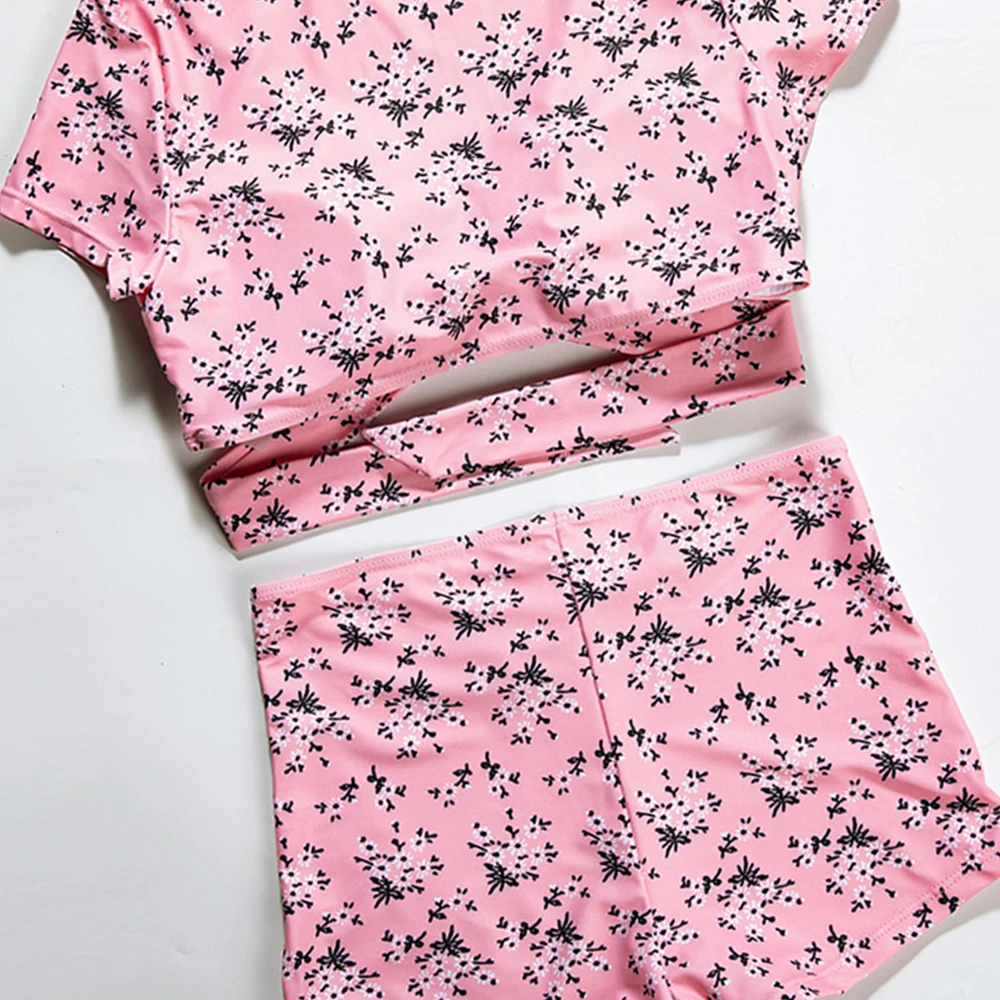 

Pink Short Sleeve Sexy Bikinis 2020 New Arrival Padded Bra Bandage Bikini High Waist Swimsuit Female Swimwear Women