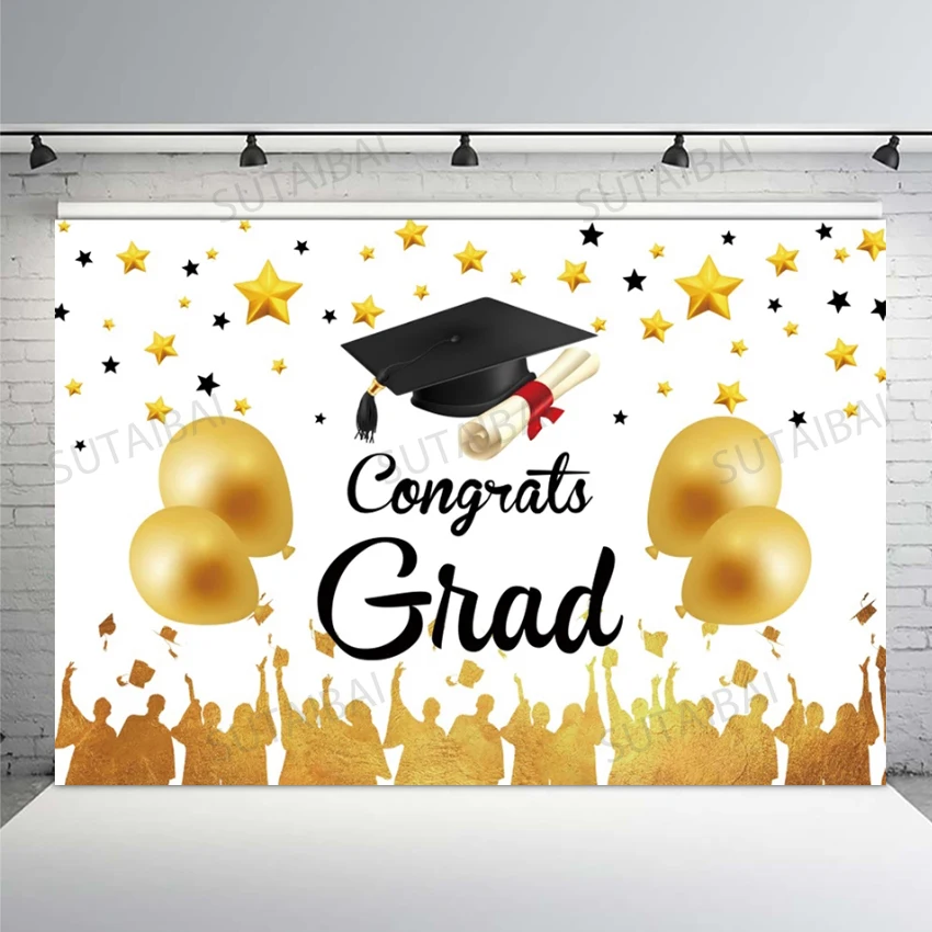 Congrats 2021 Graduation Party Graduate Black Bachelor Degree Hat Golden Balloon Photography Background Photo Backdrop Studio