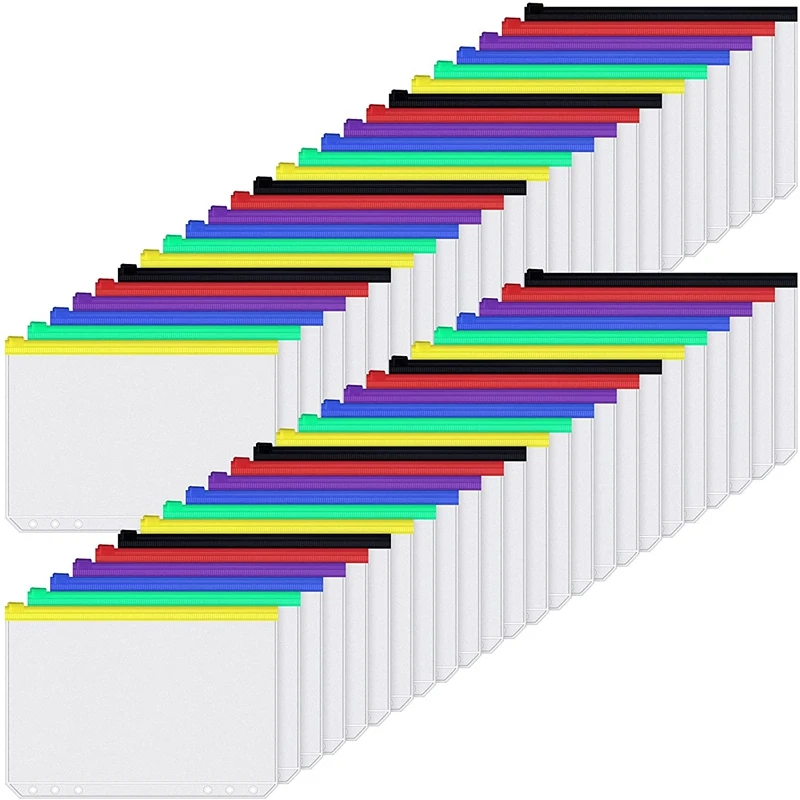 

48 Piece Binder Pockets A6 Holes Zipper Cash Envelopes Multicolor Cash Envelopes for 6-Ring Notebook Binder Planner