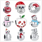 Новинка 2021, зимняя Рождественская шапка в виде снеговика, бусины яблока, шармы, подходят к оригинальным шармам Pandora, серебро 925, браслет для женщин и девочек, ювелирные изделия сделай сам