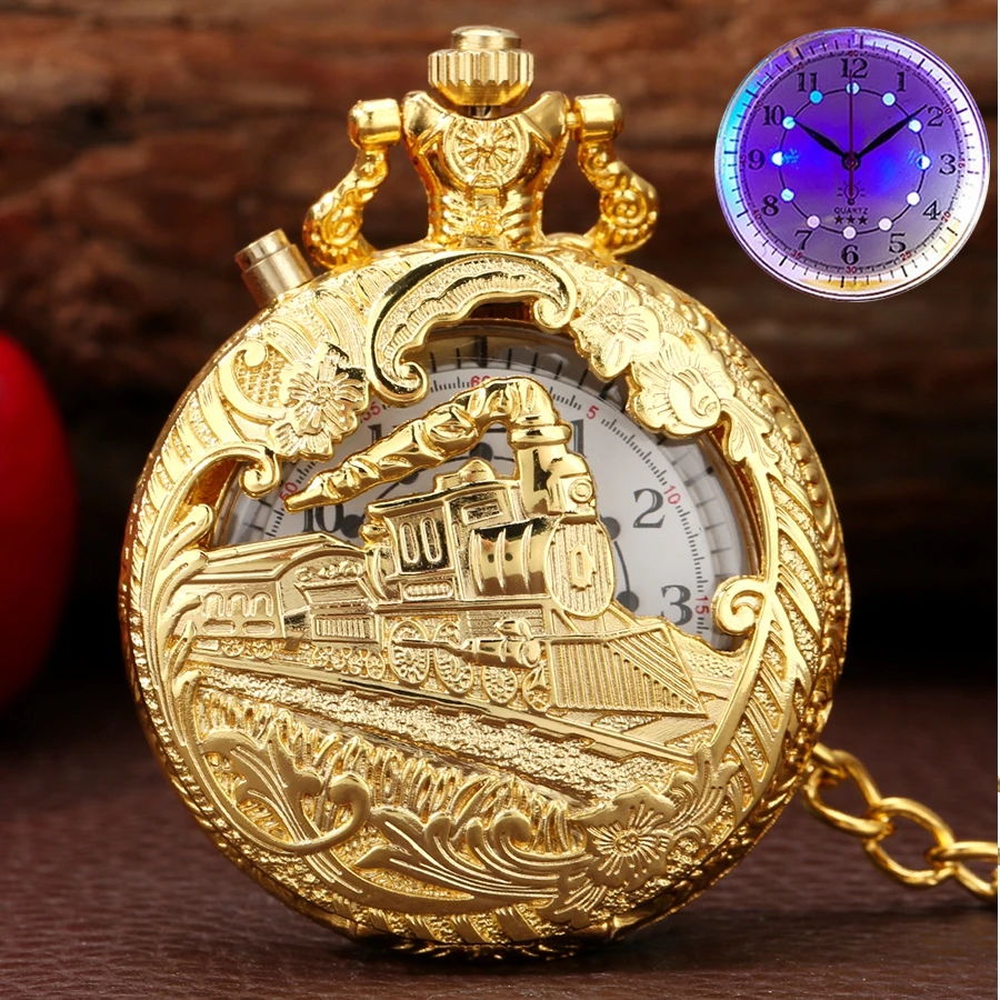 

Top Luxury Gold Luminous LED Quartz Pocket Watch Train Locomotive Engine Steampunk Quartz FOB Light Watch Gifts for Men Women