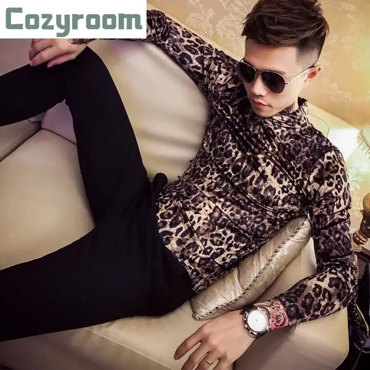 

2021 New Personality leopard T Shirt Mens spring cotton T-shirts Summer Korean Tight half-high collar Men bottoming Tshirt Tops
