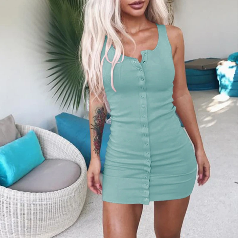 

Women's Sleeveless Button Down Stretch Tank Summer Mini Dress V Neck Party Sexy BX0A