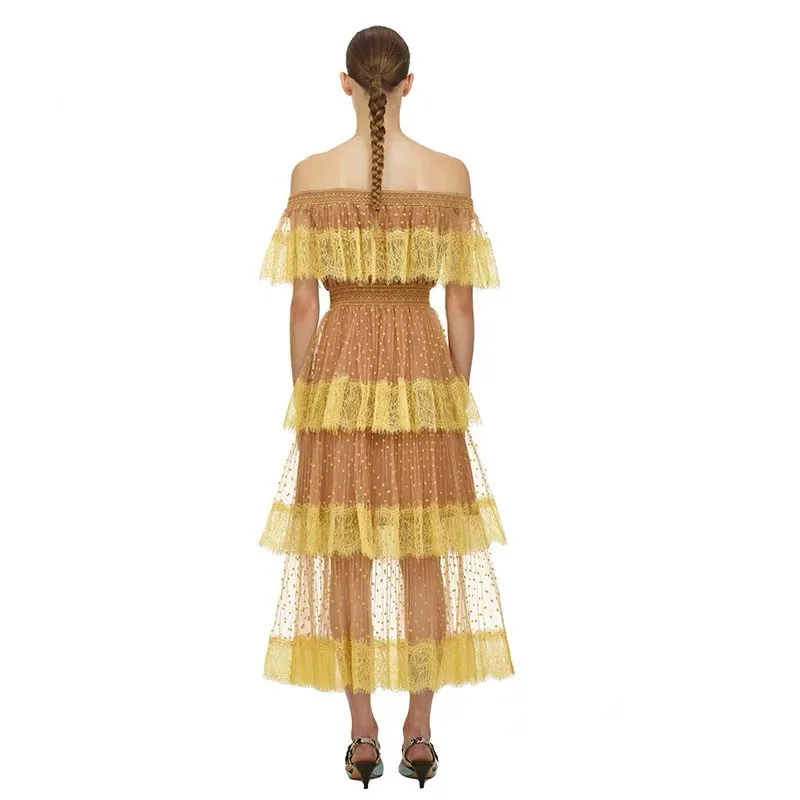 Женское кружевное платье в горошек пикантное желтое мини-платье с открытыми