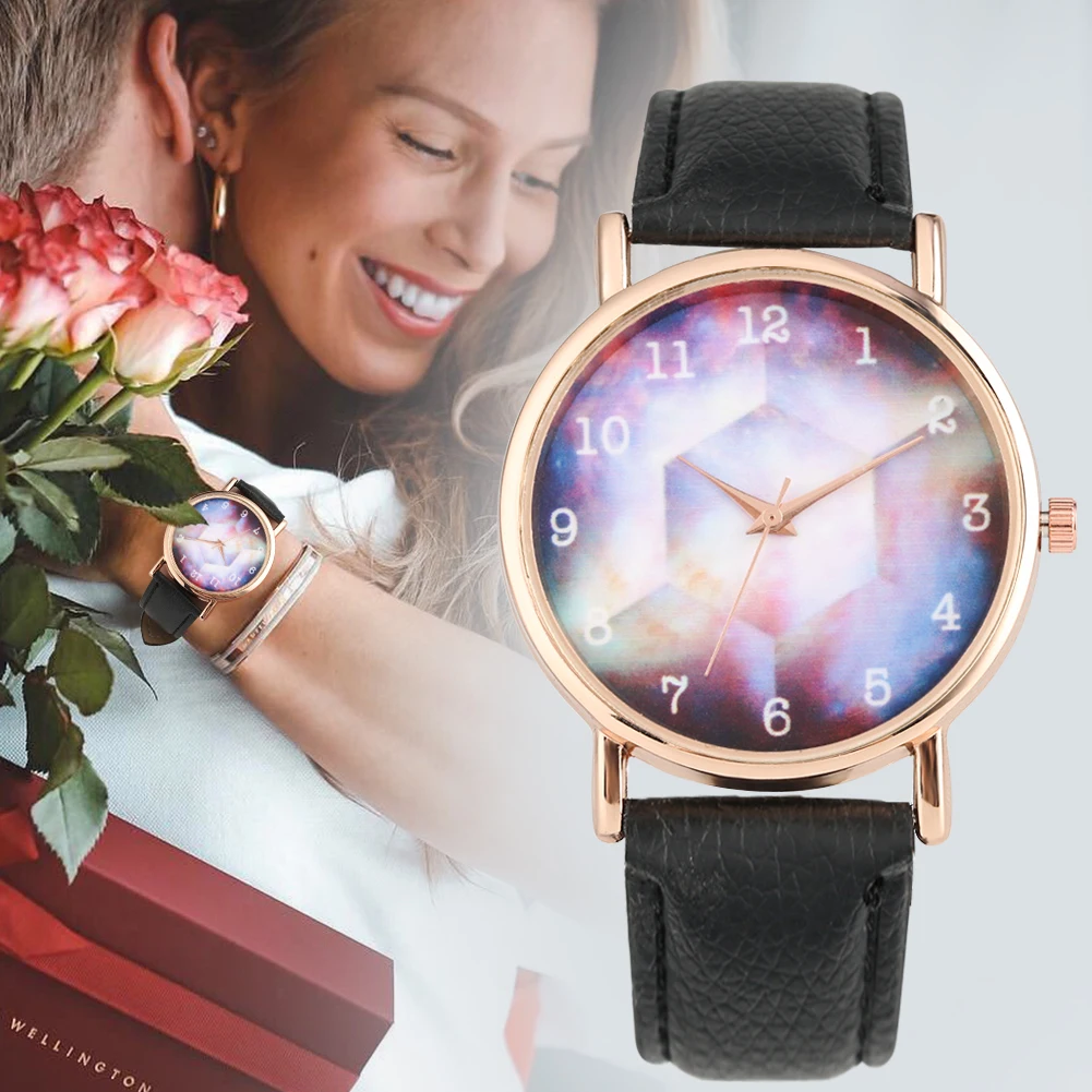 

Vogue Colorful Romantic Starry Sky Pattern Dial Leather Strap Women's Quartz Analog Wrist Watch Gift for Girlfriend