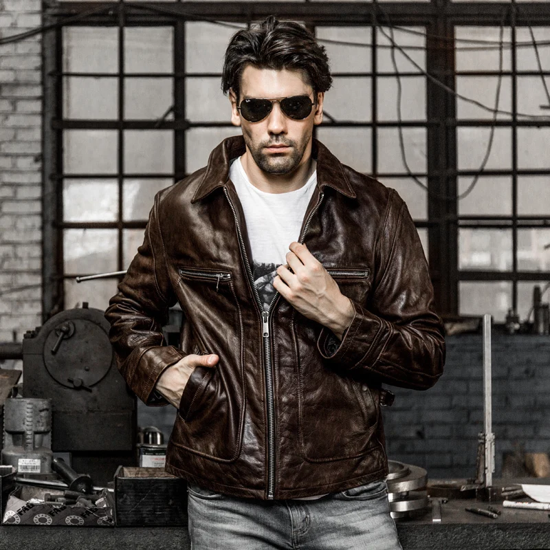 Мужская куртка из коровьей кожи черная мотоциклетная в - Цена: 6701.18