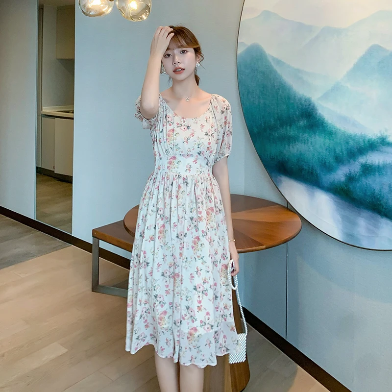 Шифоновое платье с коротким рукавом и цветочным принтом для девушек милое летнее