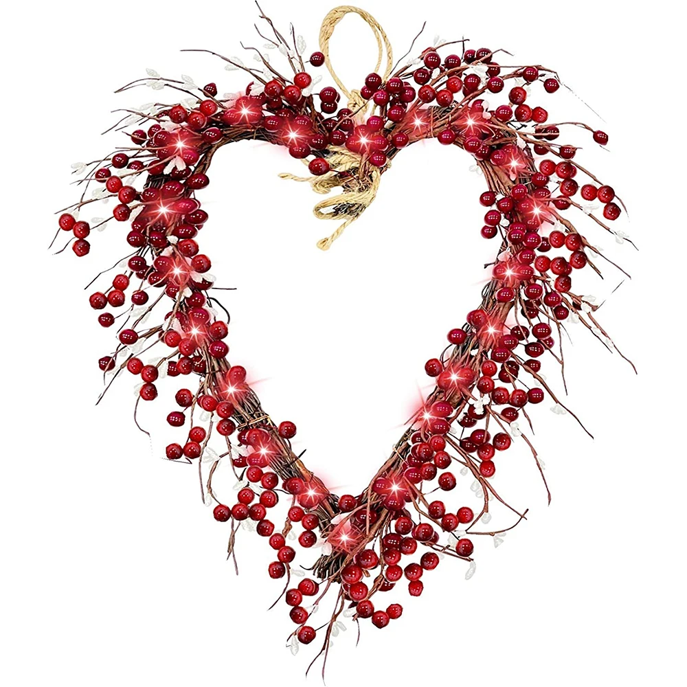 

16 Inch Valentine's Day Wreath Front Door Decorations Red Berries Heart Shaped Wreaths with 20 LED Battery Operated DNJ9