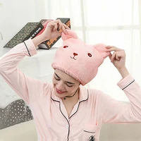 thick coral fleece embroidered bear shower cap women strong water absorption elastic band bathroom bathe cap