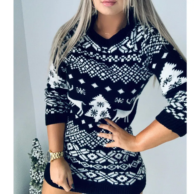 

Fashion Autumn Winter Long Sleeve Loose Christmas Dresses Ladies Christmas Print A-line Mini Dress 2020 tops New Women