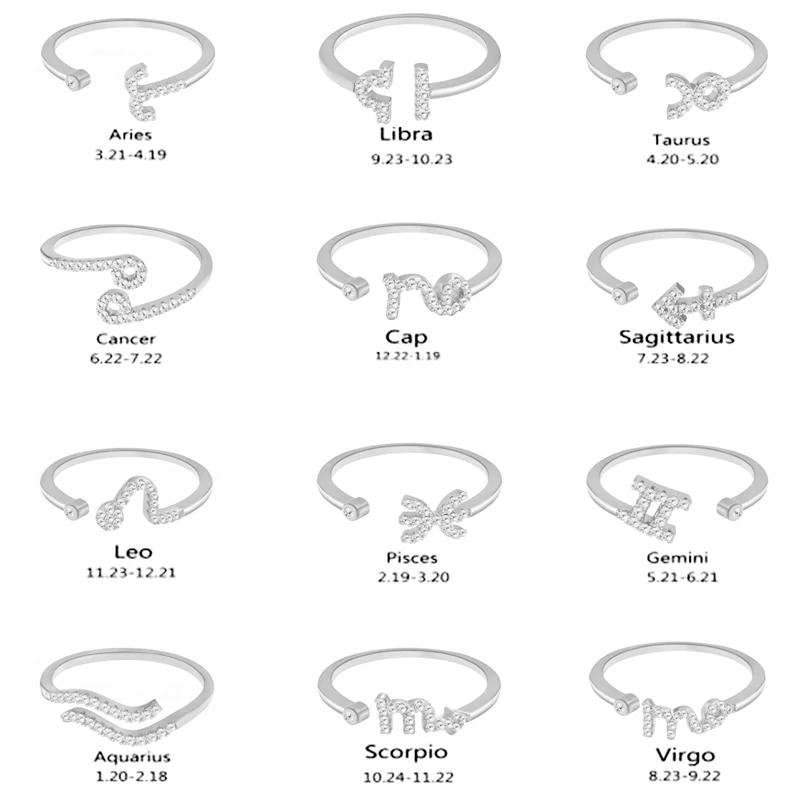 

Trendy 12 Constellation Rings For Women Fashion Rhinestone Adjustable Zodiac Sign Rings Silver Color Girls Birthday Jewelry Gift