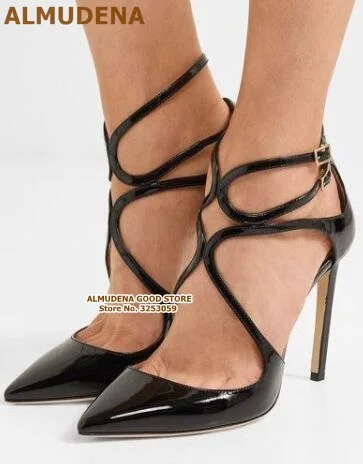 black patent leather ALMUDENA/Великолепные туфли-лодочки с острым носком и перекрестными ремешками золотистого и черного цвета обувь для вечеринок с вырезами на шпильках с пряжкой и ремешком Прямая поставка - Цвет: black patent leather