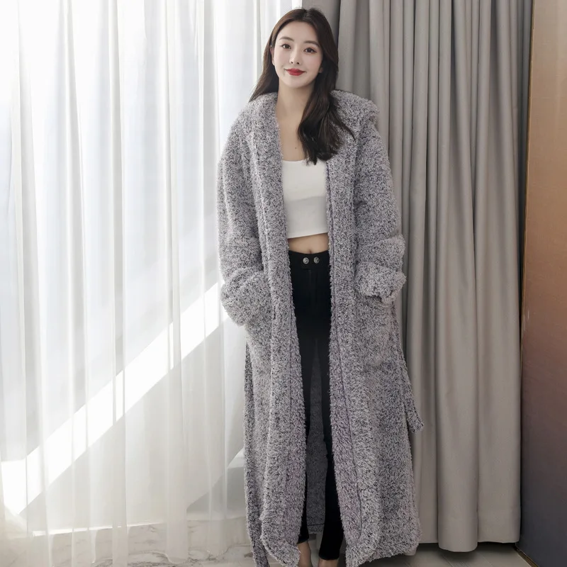 

Couple Winter Kimono Robe Coral Fleece Hooded Nightwear Intimate Lingerie Men And Women Flannel Long Bathrobe Gown Sleepwear