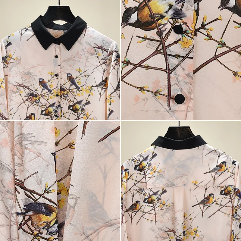 

Fashion Print Shirt Women 2021 Spring Summer Loose Vintage Elegant Chiffon Blouse Patchwork Beige Tops