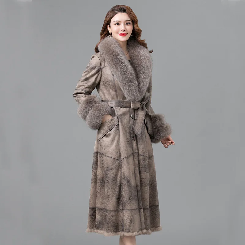 ZDFURS*2021 Double Face Rabbit Fur Coat Long Women Winter Fur Clothing  Knee-length Fox Fur Collar Cuffs Slim Overcoats Female