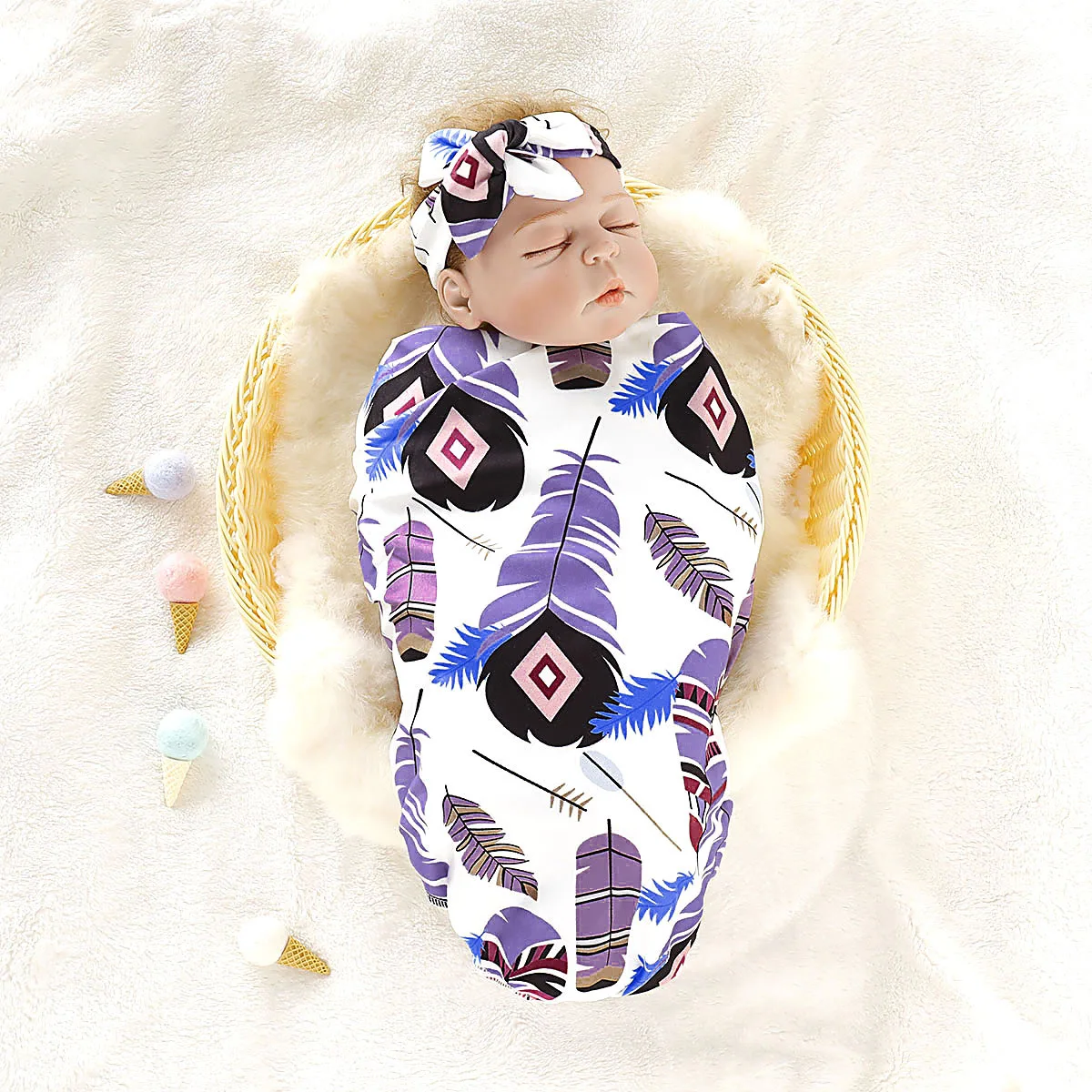 

Newborn Baby Cotton Blanket Sleeping Bag Muslin Swaddle Wrap+Hat+Headband 3pcs