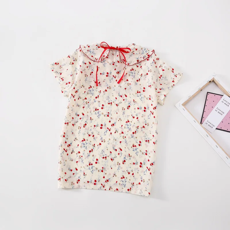 

Summer New Arrival Korean style flowers pattern short sleeve princess dress with baby bowknot collar for cute sweet girls