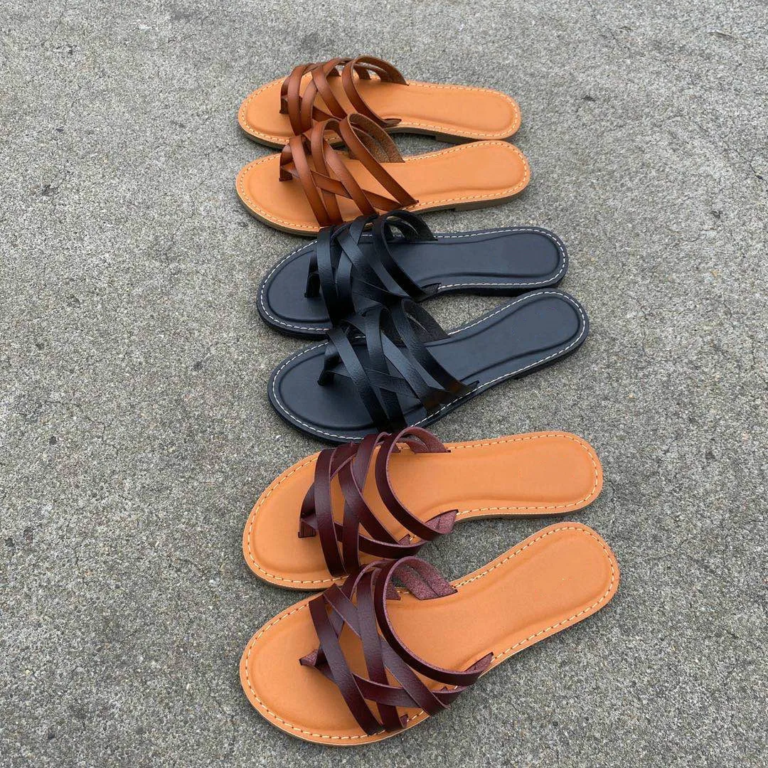 

Genuine Leather Slides New Fashion and Summer Shoes Woman Ladies Retro Thin Belt Open Toe Large Size Flat Bottom Feamle Slippers