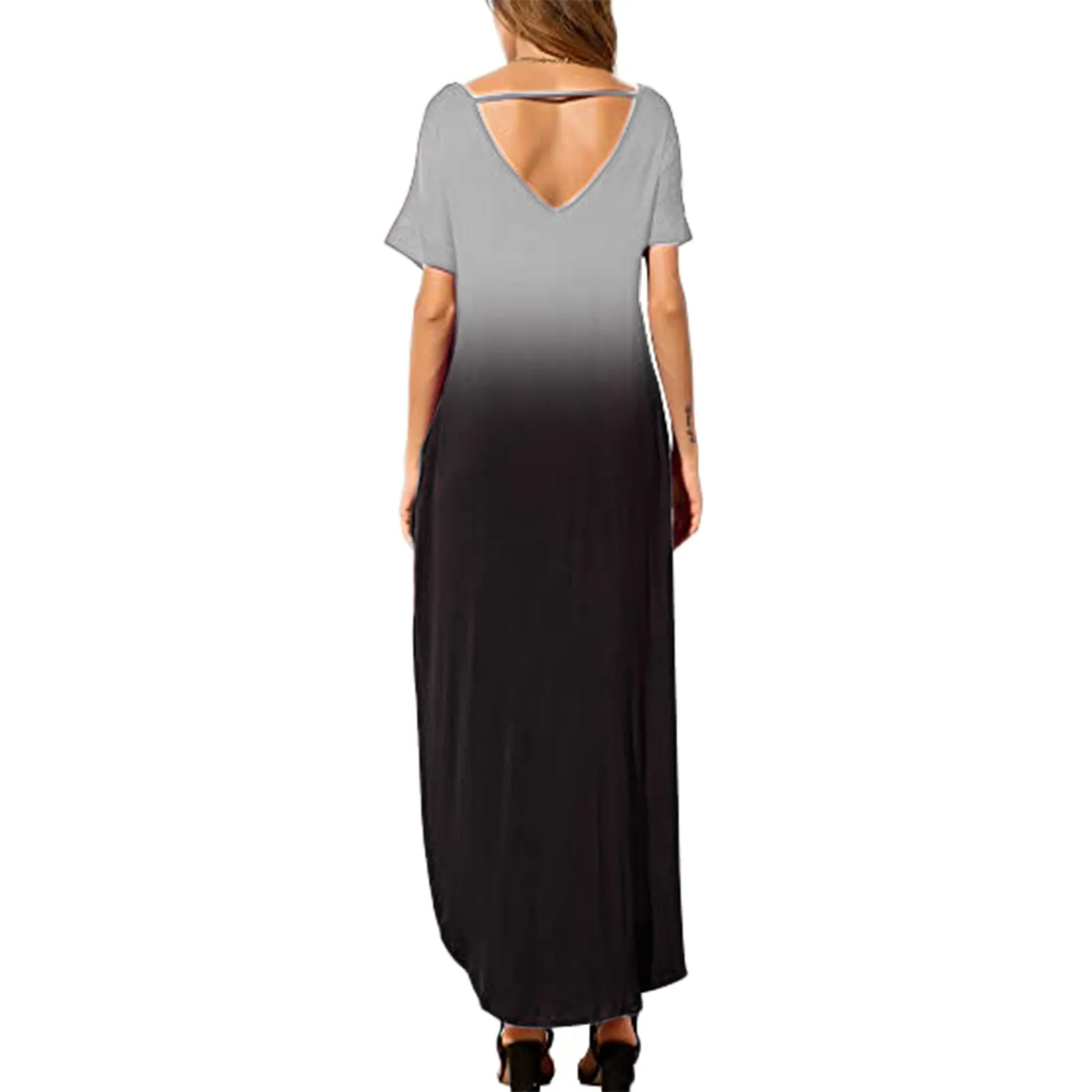 

40# Gradient High-slit Long Dress Women Beach Pullover Loose Maxi Sundress Casual Short Sleeve Pocket Woman Dressrobe Femme