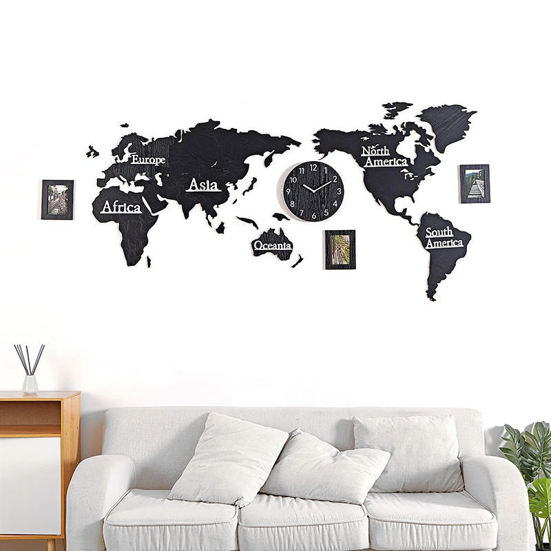 Настенные часы 3D фоторамка мировые часы-карта большие деревянные из ДВП