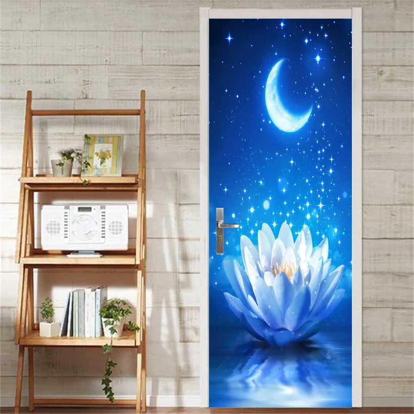 Наклейки на дверь в виде Луны лотоса голубого неба китайские самоклеящиеся