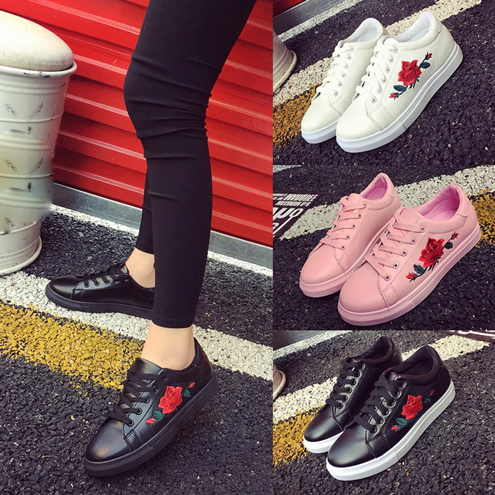 

Casual Shoes Woman Flower Print Rubber Flat Thick Bottom Trend Solid Mid Heel Round Toe Large Size PU Casual Shoes Woman