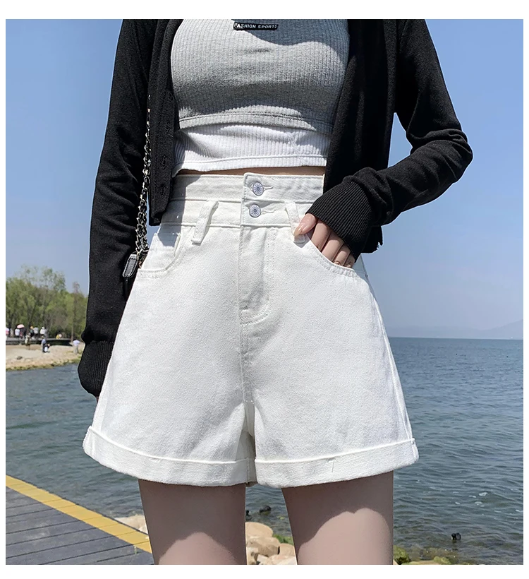 

Summer Denim Shorts Women Korean Style High Waist Two Button Loose Wide Legs Jeans Female Vintage Blue Jeans Bottoms