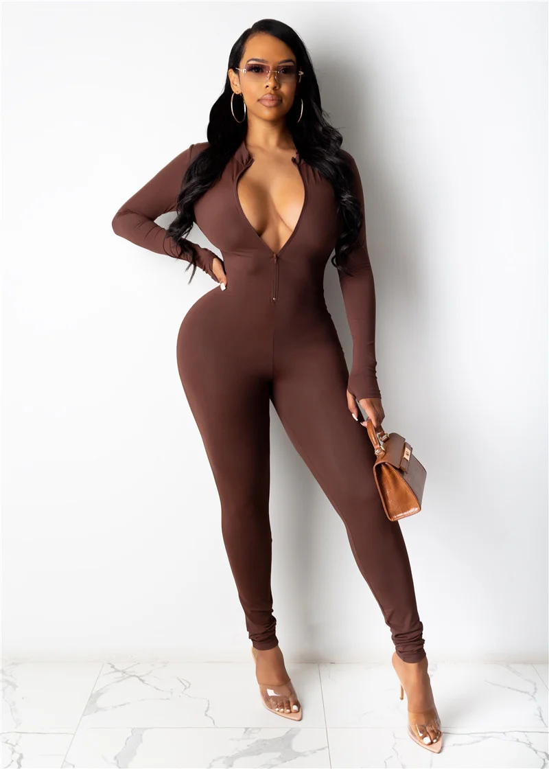

CHRONSTYLE Solid Jumpsuits 2021 Autumn Women Fashion Sexy Front Zipper Long Sleeve Skinny Overalls Slim Casual Rompers Tracksuit