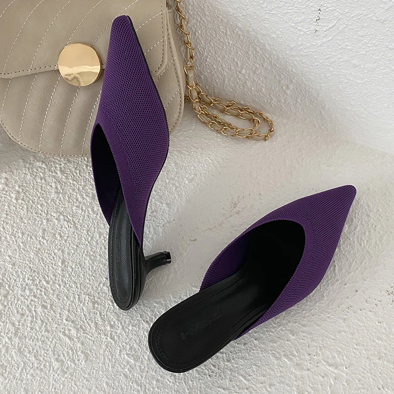 Мюли женские с острым носком эластичные вязаные шлепанцы без застежки на тонком