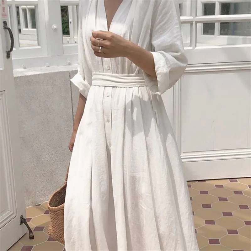 Ordifree летнее Boho женское Макси платье свободного покроя с поясом белое длинное пляжное платье праздничное платье