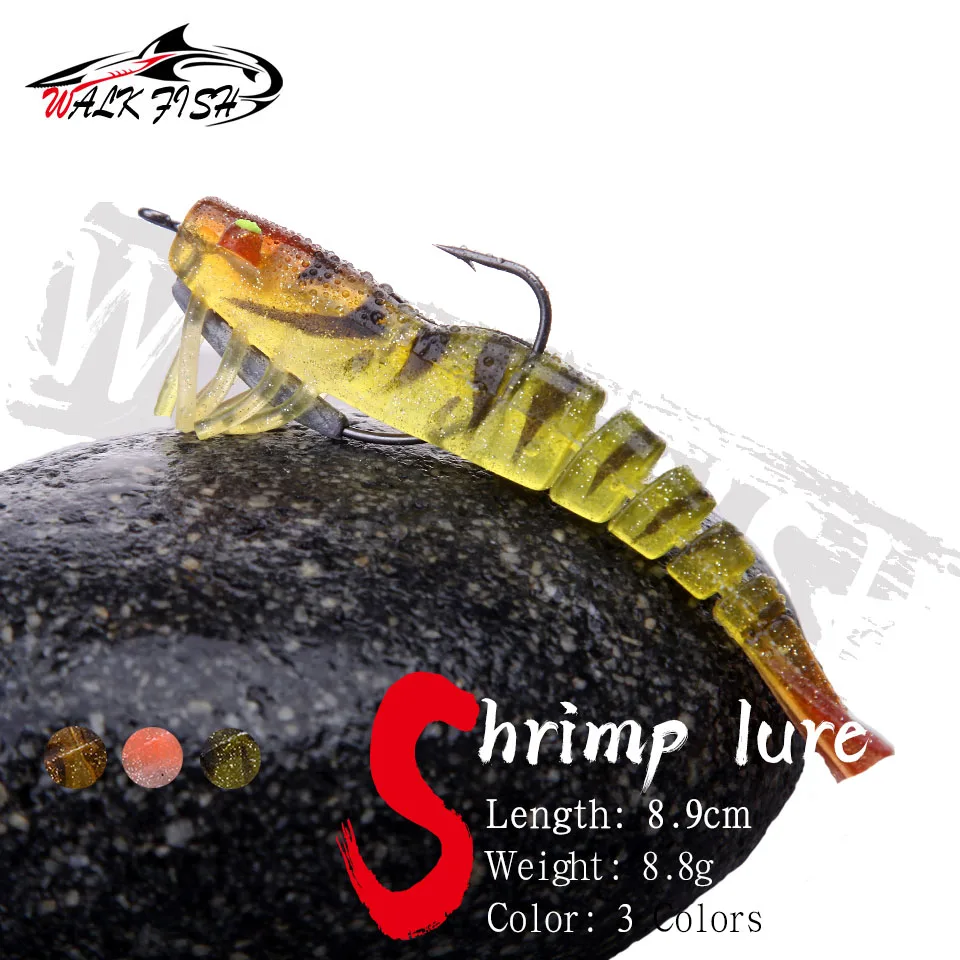 WALK FISH 8.9cm/8.8g Lead Jig Head Artificial Bait Shrimp Soft Lure 3D Luminous Eyes Bass Pike Fishing Tackle Pesca - купить по