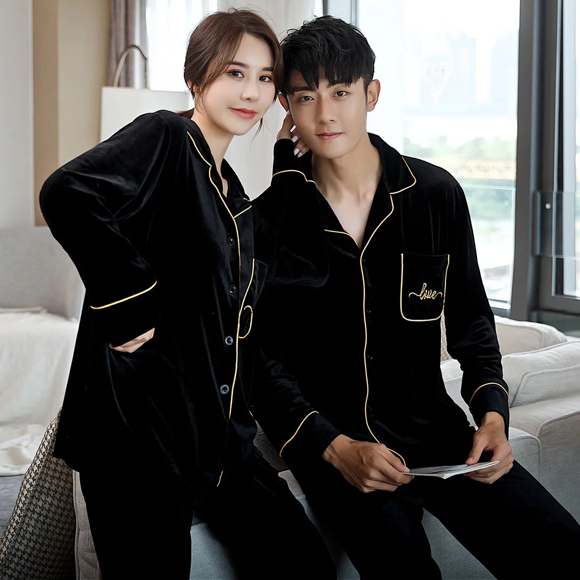 

Couple Autumn New Velour Pajamas Suit Sexy Sleep Set Novelty Casual Velvet Nightwear Patchwork Pyjamas Lace Home Clothing