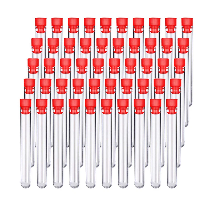 

50Pcs Clear Plastic Test Tubes with Red Screw Caps Sample Containers Bottles Push Caps 150 x 16mm