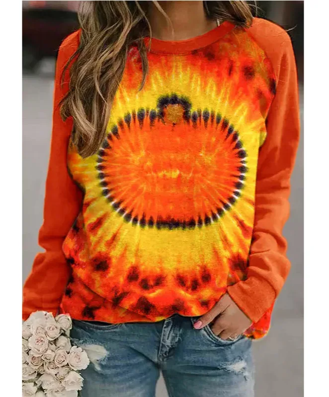 

Women's Halloween pumpkin tie-dyed raglan sleeves casual sports sweater long sleeve hoodie women sweatshirt