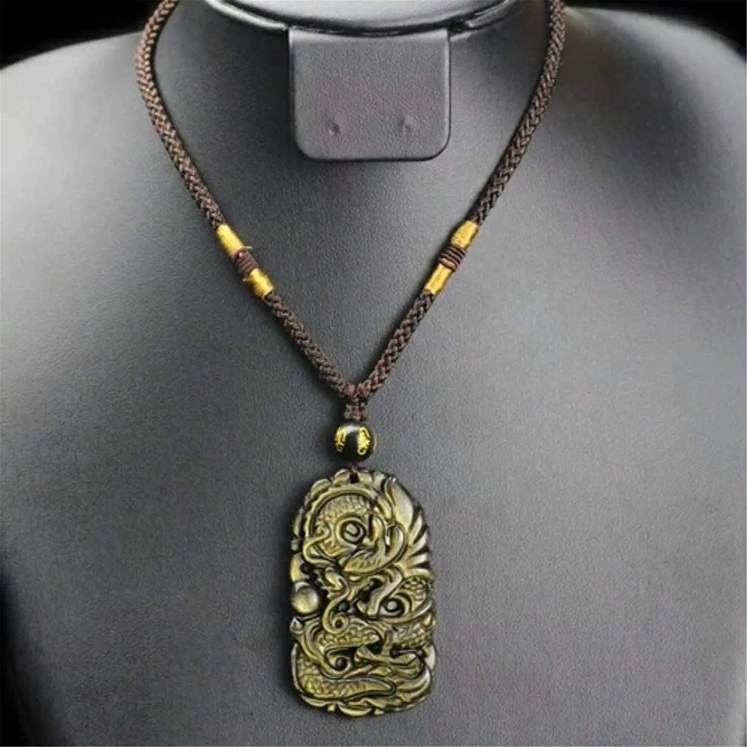 Натуральный Золотой обсидиановый резной дракон драгоценный камень ожерелье